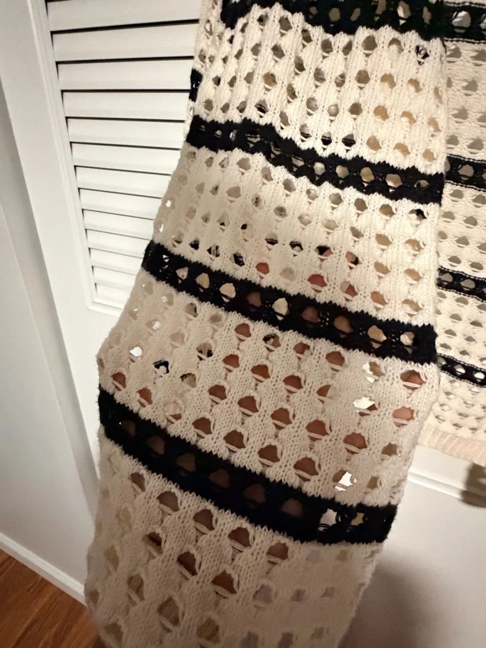 DKNY Striped Openwork Cardigan - Eggnog & Black